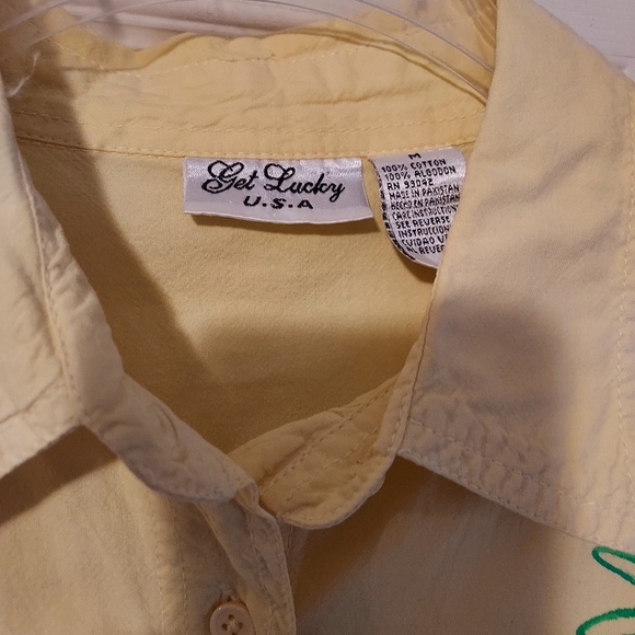 Get Lucky USA Womens M Butter Yellow Short Sleeve Button Embroidery Bling Paint - Picture 2 of 12